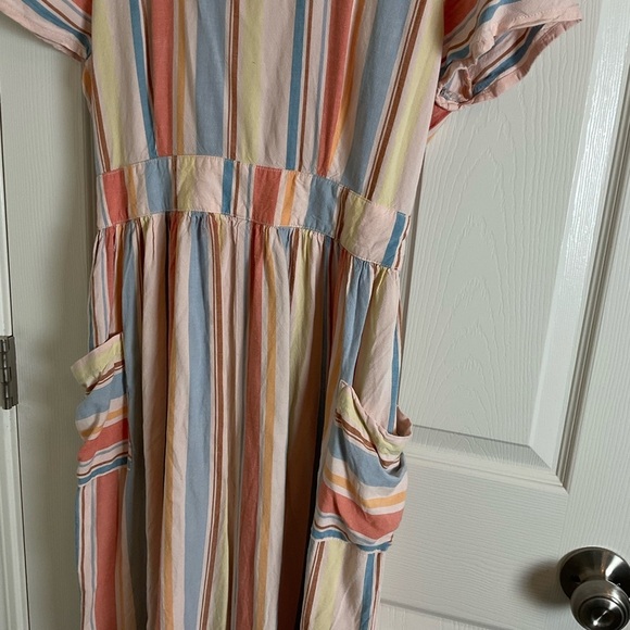 ANA Striped Open Back Dress Women's M Retro Pockets Linen Blend - Picture 5 of 13